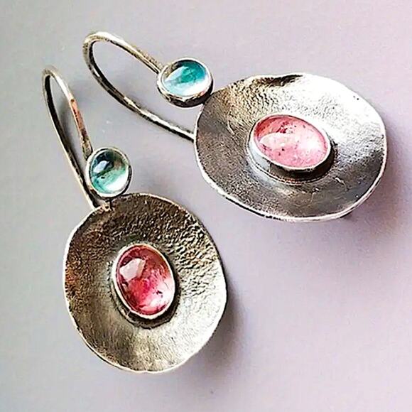 Tribal Pink, Blue Stone Dangle Earrings Vintage Bohemian Boho - Picture 2 of 3